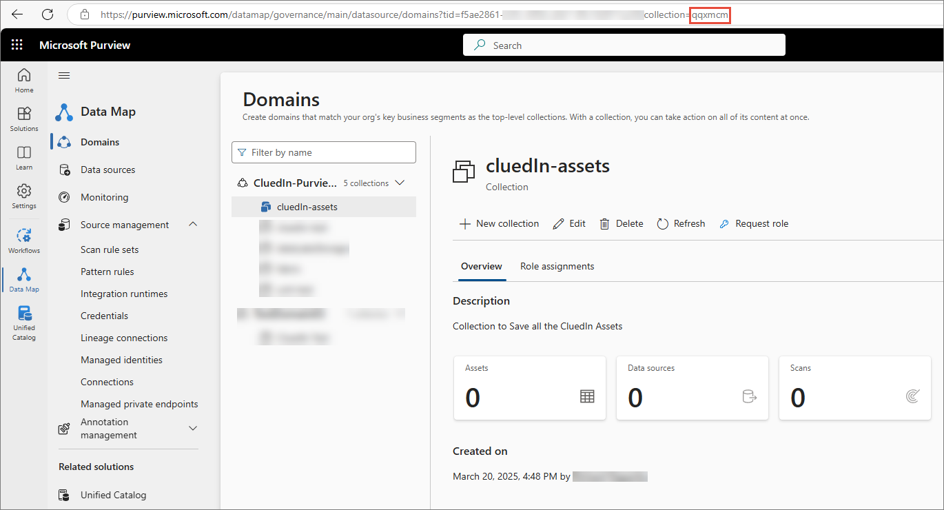 The cluedIn-assets collection in Purview Data Map Domains, with the collection ID highlighted at the end of the browser URL