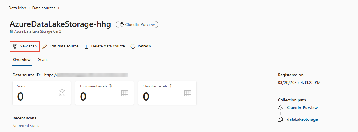 The Purview data source details page for AzureDataLakeStorage-hhg, with New scan highlighted