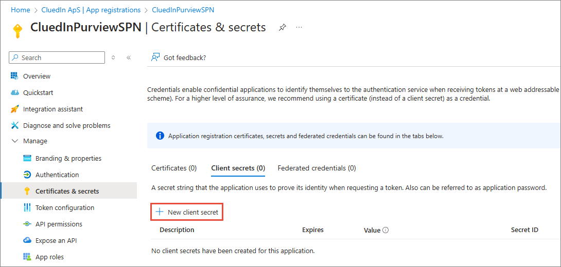 The Certificates & secrets page on the Client secrets tab, with + New client secret highlighted