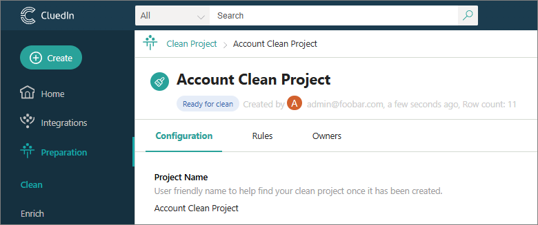 An existing clean project named Account Clean Project in CluedIn, with status Ready for clean