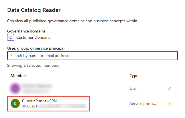 The Data Catalog Reader role pane, with the CluedInPurviewSPN service principal added as a member and highlighted