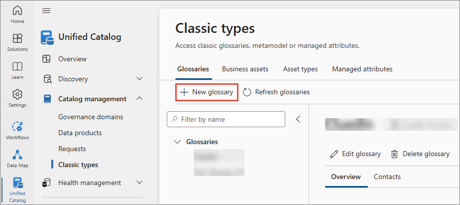The Classic types page of the Purview Unified Catalog, Glossaries tab, with the New glossary button highlighted