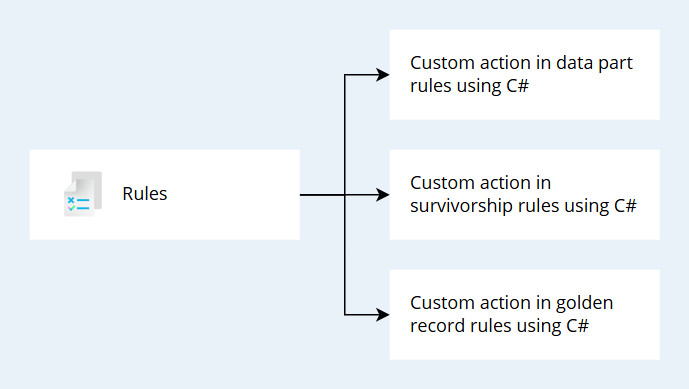 Rules customizations: custom actions in data part, survivorship, and golden record rules using C#