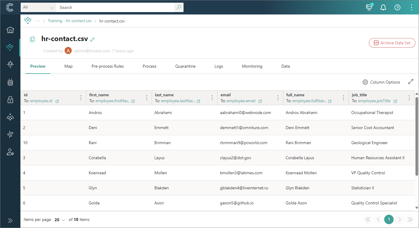 The hr-contact.csv data set on the Preview tab, showing raw employee records with id, first_name, last_name, email, full_name and job_title columns