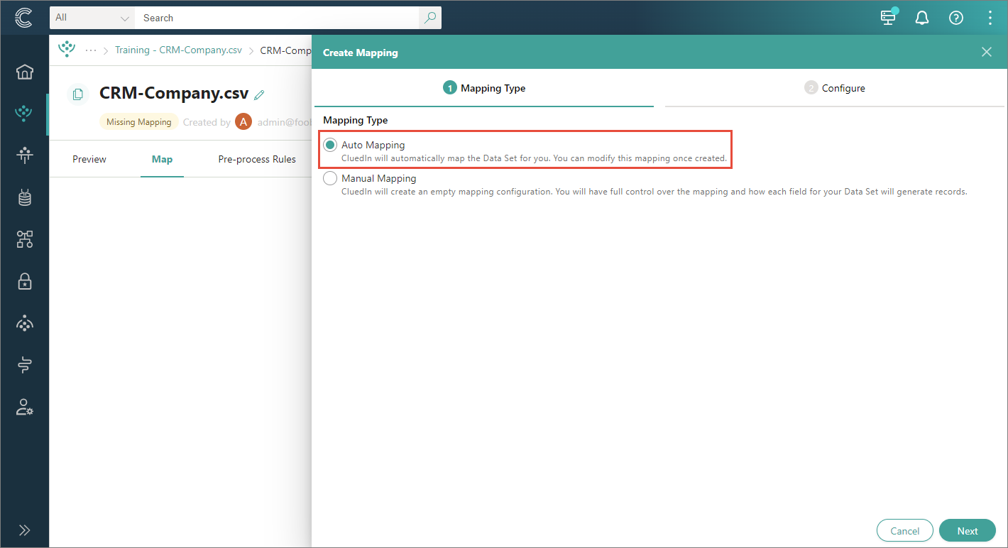 The Create Mapping pane on the Mapping Type step, with Auto Mapping selected and highlighted