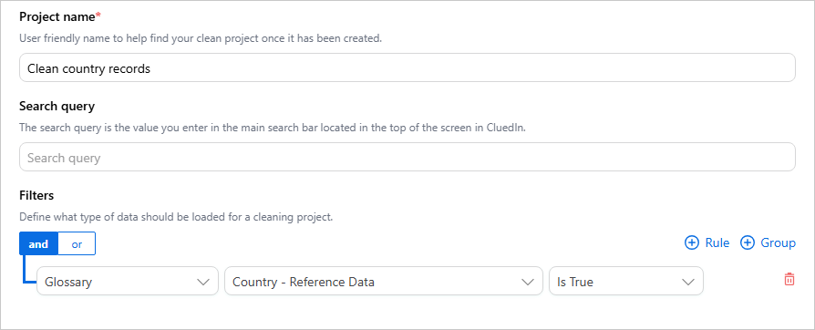 Clean project configuration with Project name Clean country records and a filter where Glossary term Country - Reference Data Is True