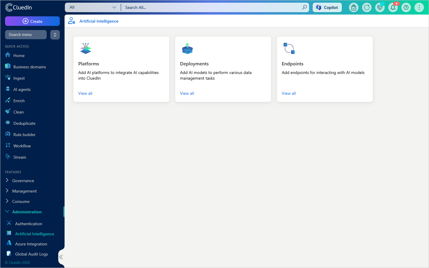 Administration - Artificial Intelligence page with Platforms, Deployments and Endpoints cards, each with a View all link