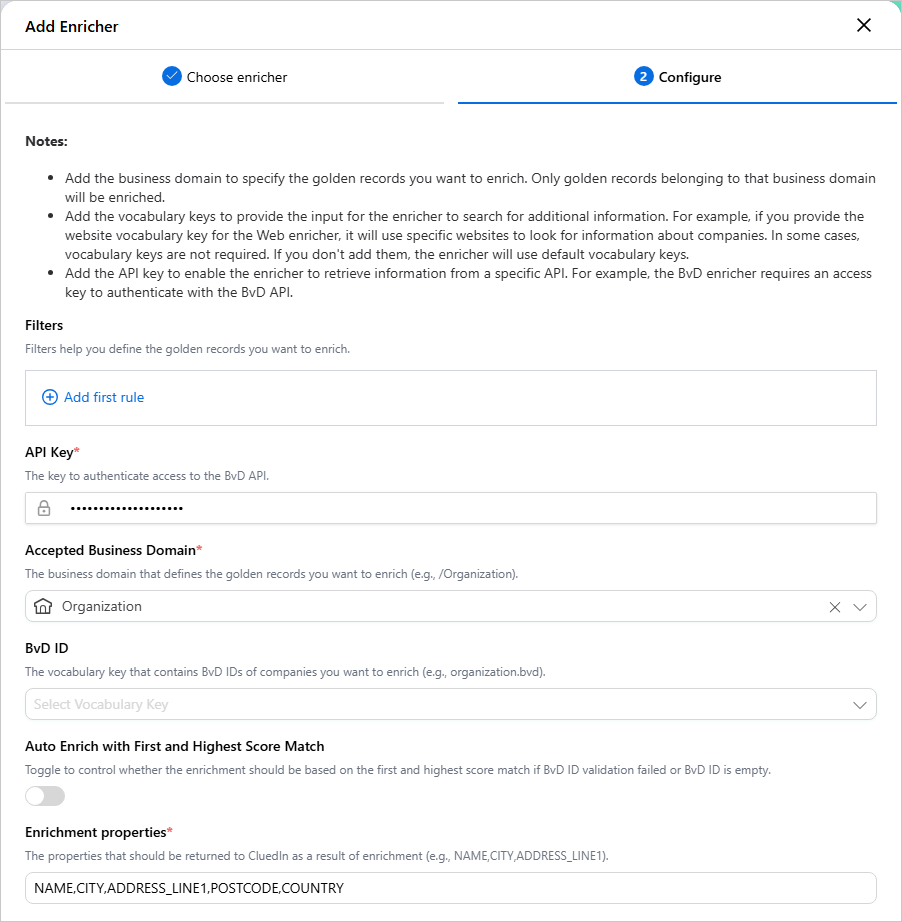 BvD enricher Configure tab: API Key, Accepted Business Domain Organization, BvD ID, Auto Enrich with First and Highest Score Match, and Enrichment properties