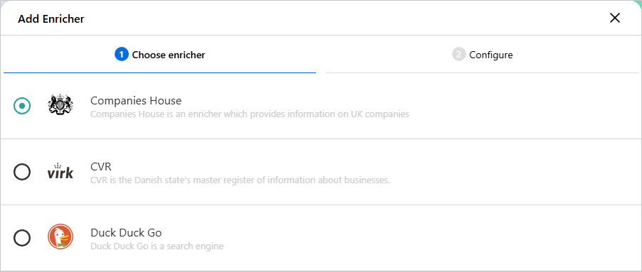 The Add Enricher dialog on the Choose enricher tab, with Companies House selected