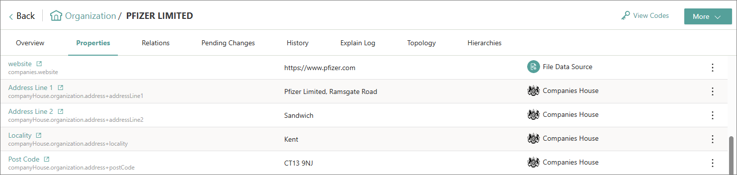 Properties page of a golden record listing address line, locality and post code properties whose source is Companies House