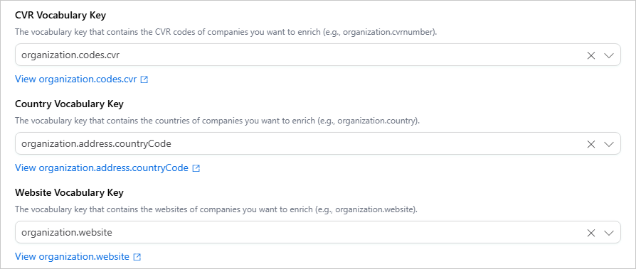 CVR enricher settings for the CVR, Country and Website vocabulary keys, set to organization.codes.cvr, organization.address.countryCode and organization.website