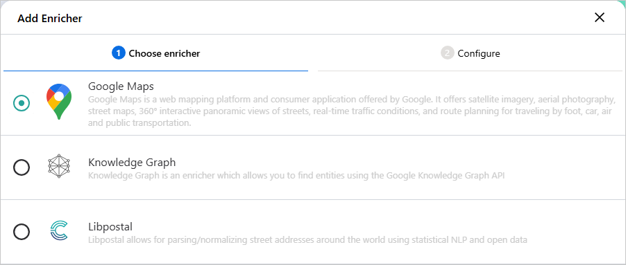 Add Enricher dialog on the Choose enricher tab with Google Maps selected