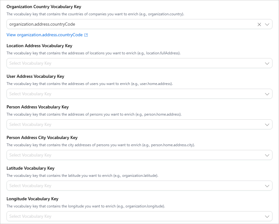 Further Google Maps enricher settings: organization country key, and location, user and person address, latitude and longitude vocabulary keys