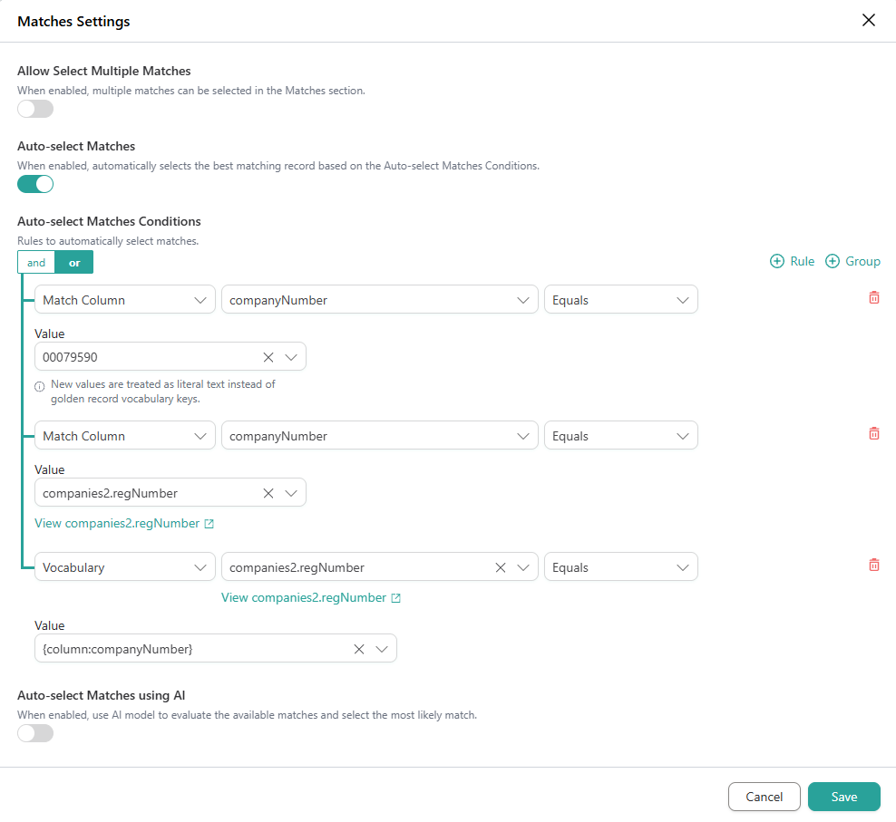 Matches Settings with Auto-select Matches turned on and three or conditions on companyNumber and companies2.regNumber; Auto-select Matches using AI is off
