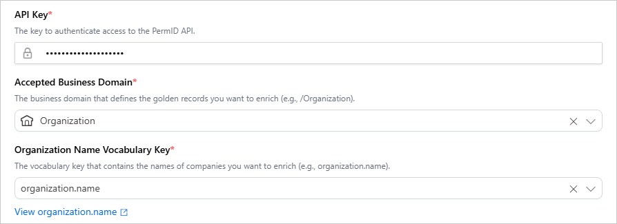 Configure tab with API Key, Accepted Business Domain set to Organization, and Organization Name Vocabulary Key set to organization.name