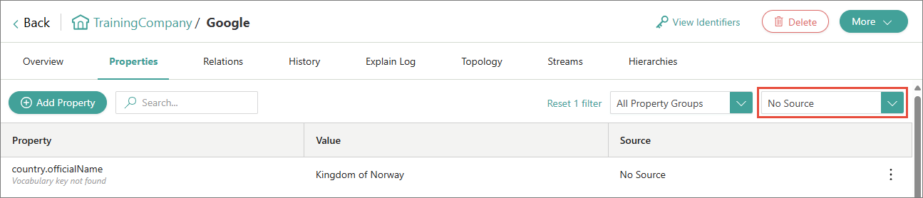 Properties page of the Google golden record filtered to No Source, showing the country.officialName property with the value Kingdom of Norway