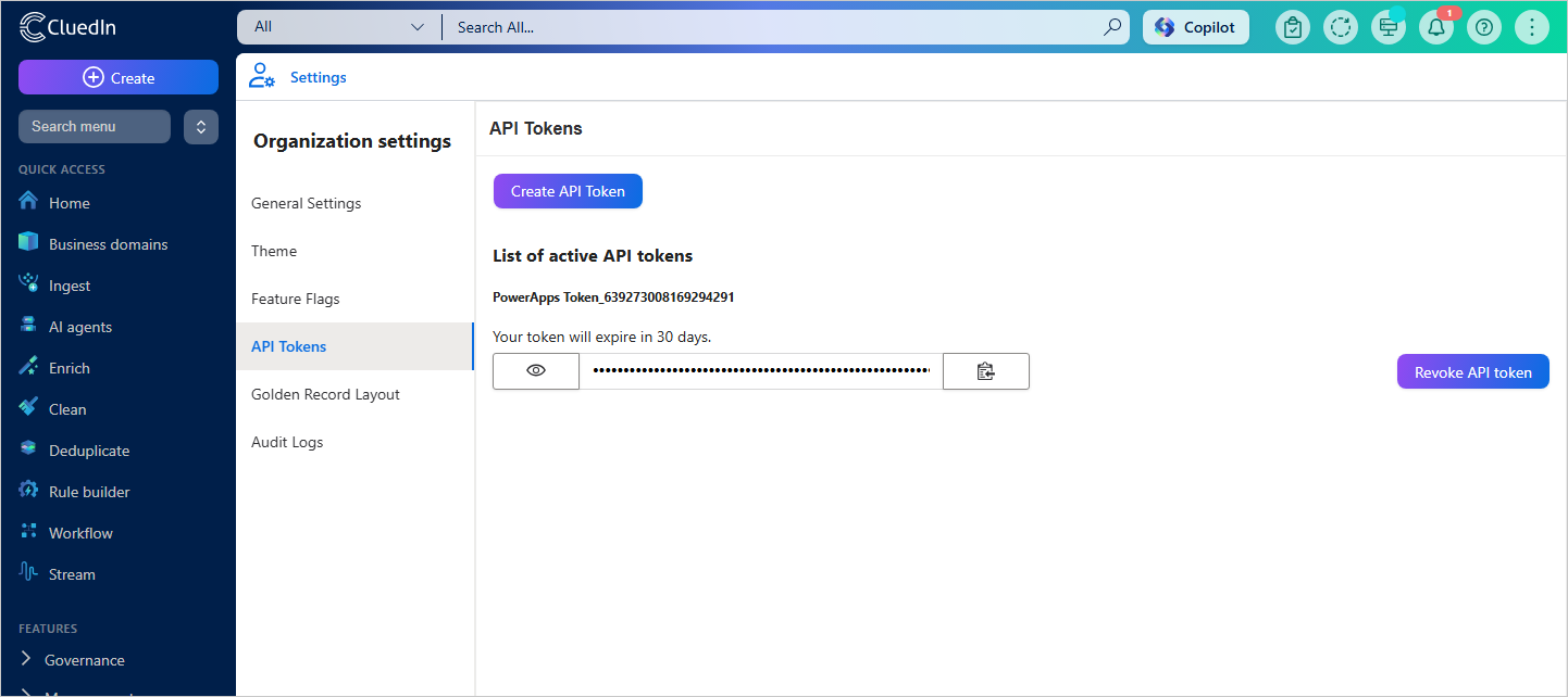 The API Tokens page in Organization settings, with the Create API Token button and a list of active API tokens